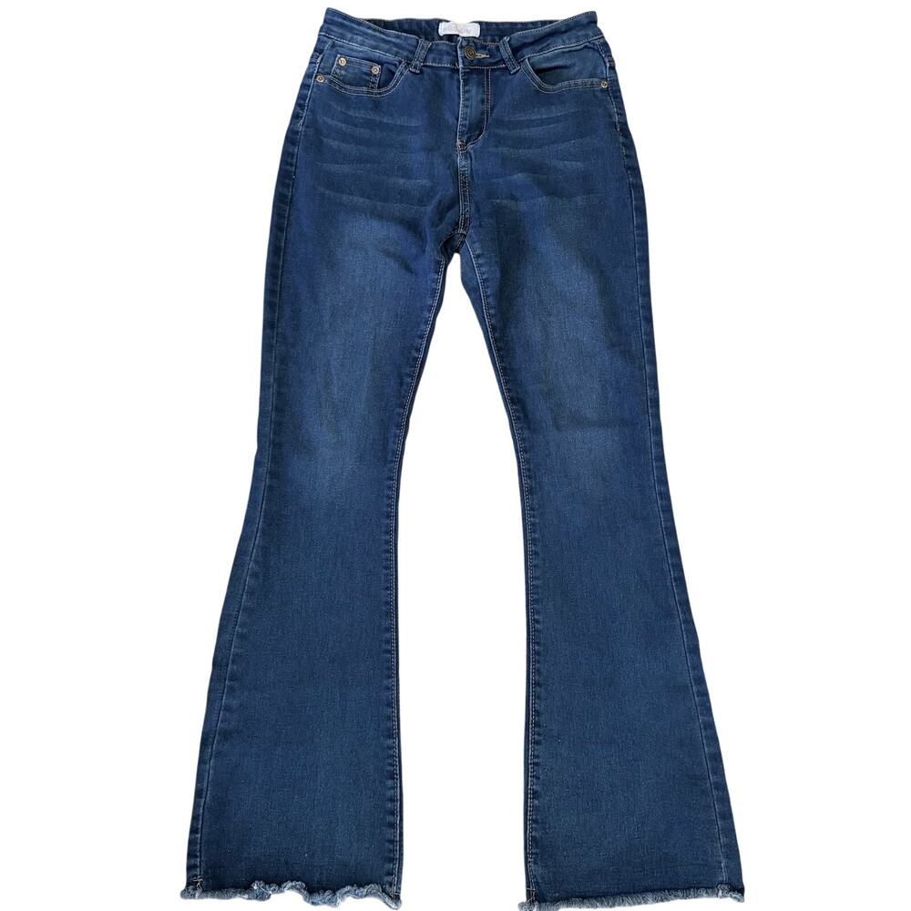 Red Bottoms Flare Jeans Size 11/30 Dark Wash Raw Hem Stretch Denim Y2K Boho